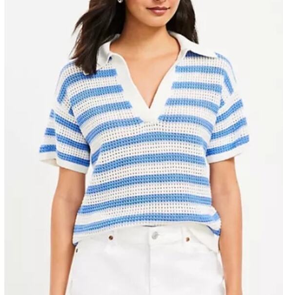 LOFT Sweaters - LOFT Striped Short Sleeve Collared Knit Pullover Sweater White Blue Large